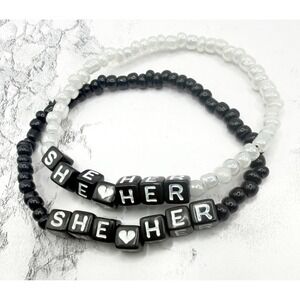 She Her Pronoun Bracelet Set Black White Beaded Pride Jewelry
